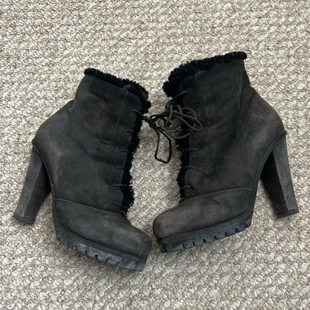 Marc jacobs faux fur lace up heeled boots booties gray black size 36.5